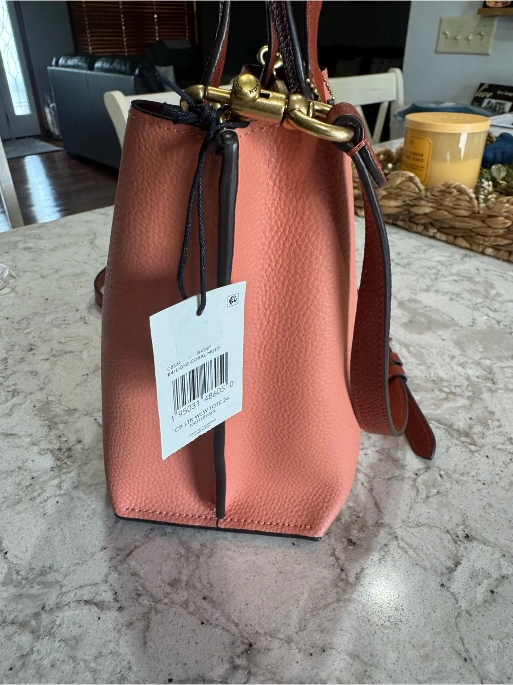 Coach Willow 24 Coral Leather Tote with Brown Trim